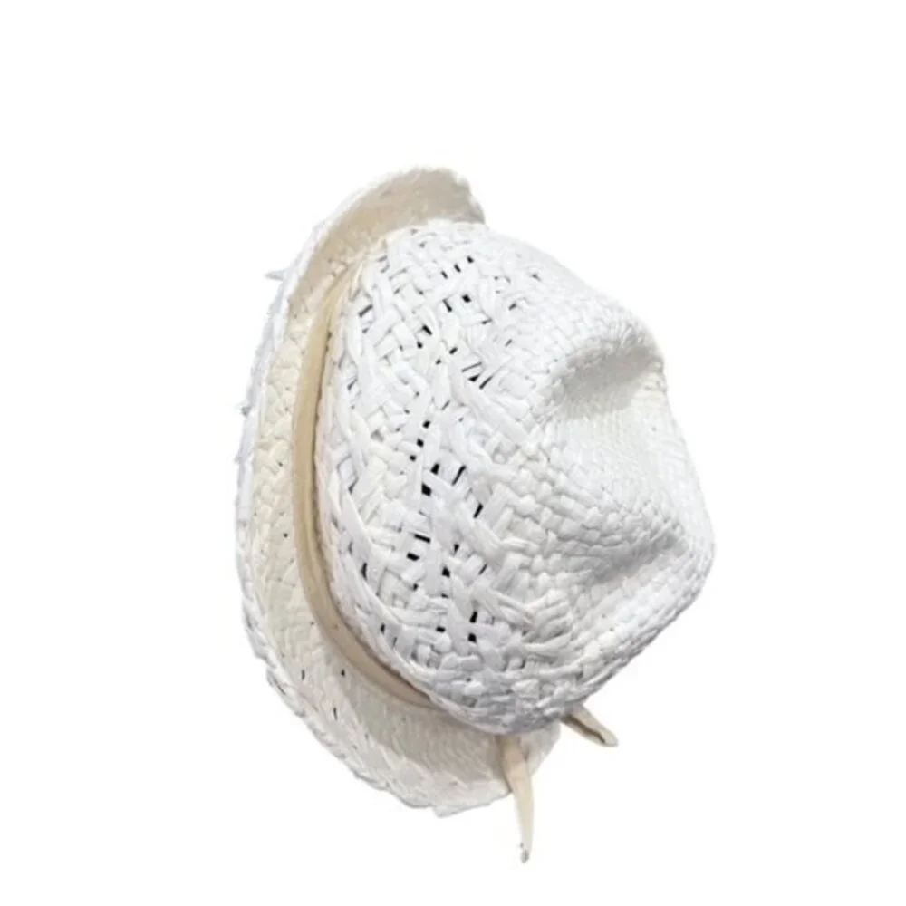 White Paper Bucket Hat Beige Ribbon Summer Sun Beaded Beach Pool Vacation Travel